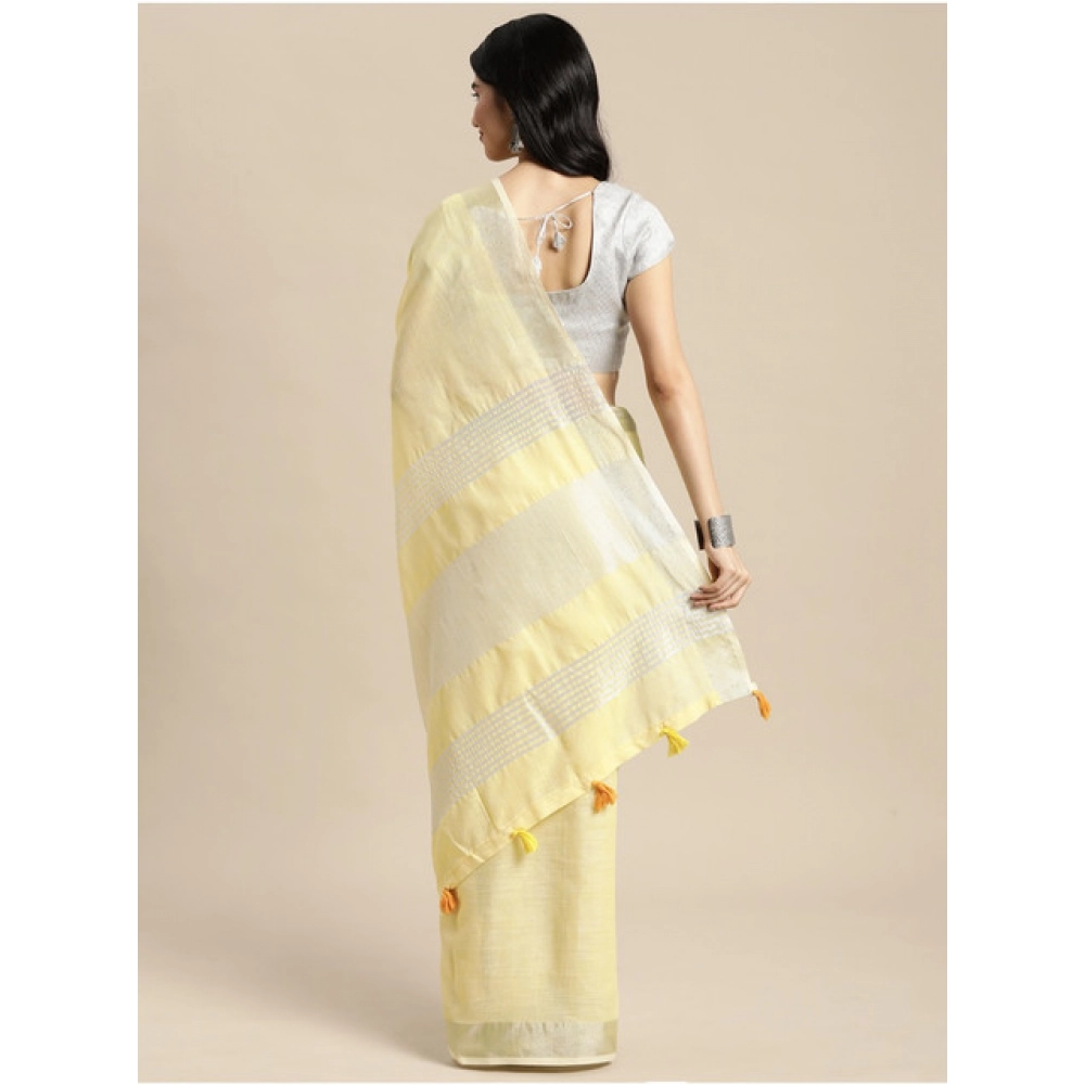 Women's Linen Cotton Printed Saree With Unstitched Blouse 5.5Mtr (Yellow) - Image 2