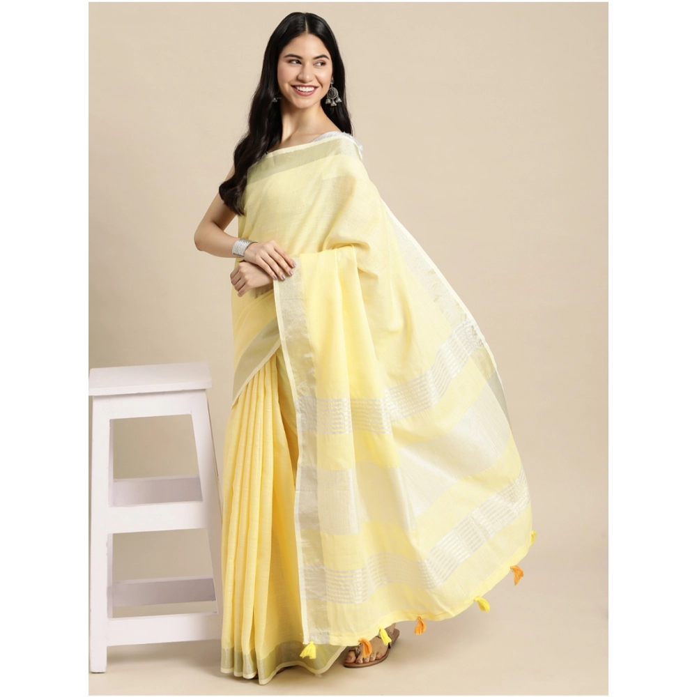 Women's Linen Cotton Printed Saree With Unstitched Blouse 5.5Mtr (Yellow) - Image 4