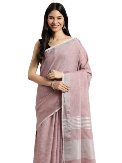 Women's Linen Cotton Printed Saree With Unstitched Blouse 5.5Mtr (Purple)