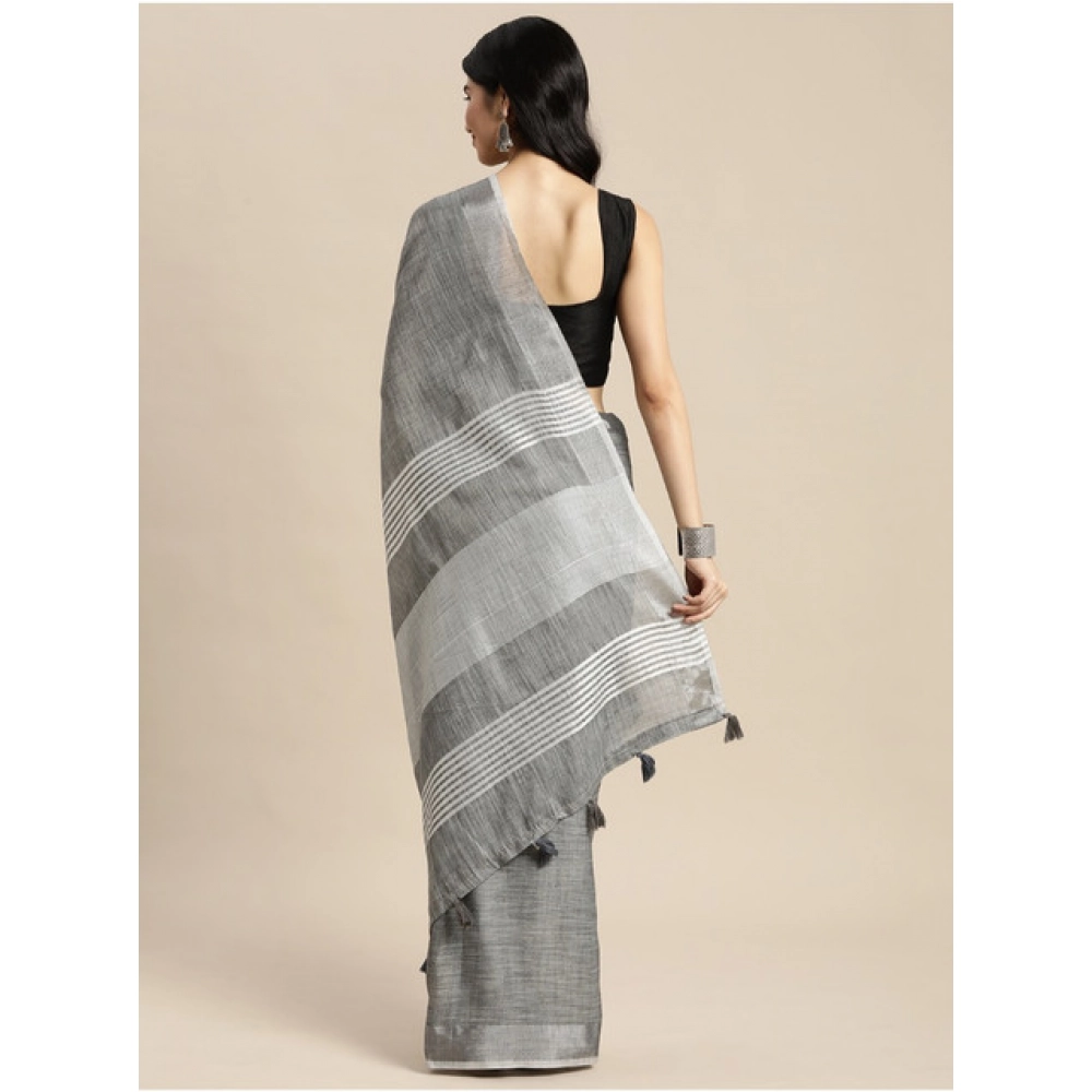 Women's Linen Cotton Printed Saree With Unstitched Blouse 5.5Mtr (Dark Grey) - Image 2