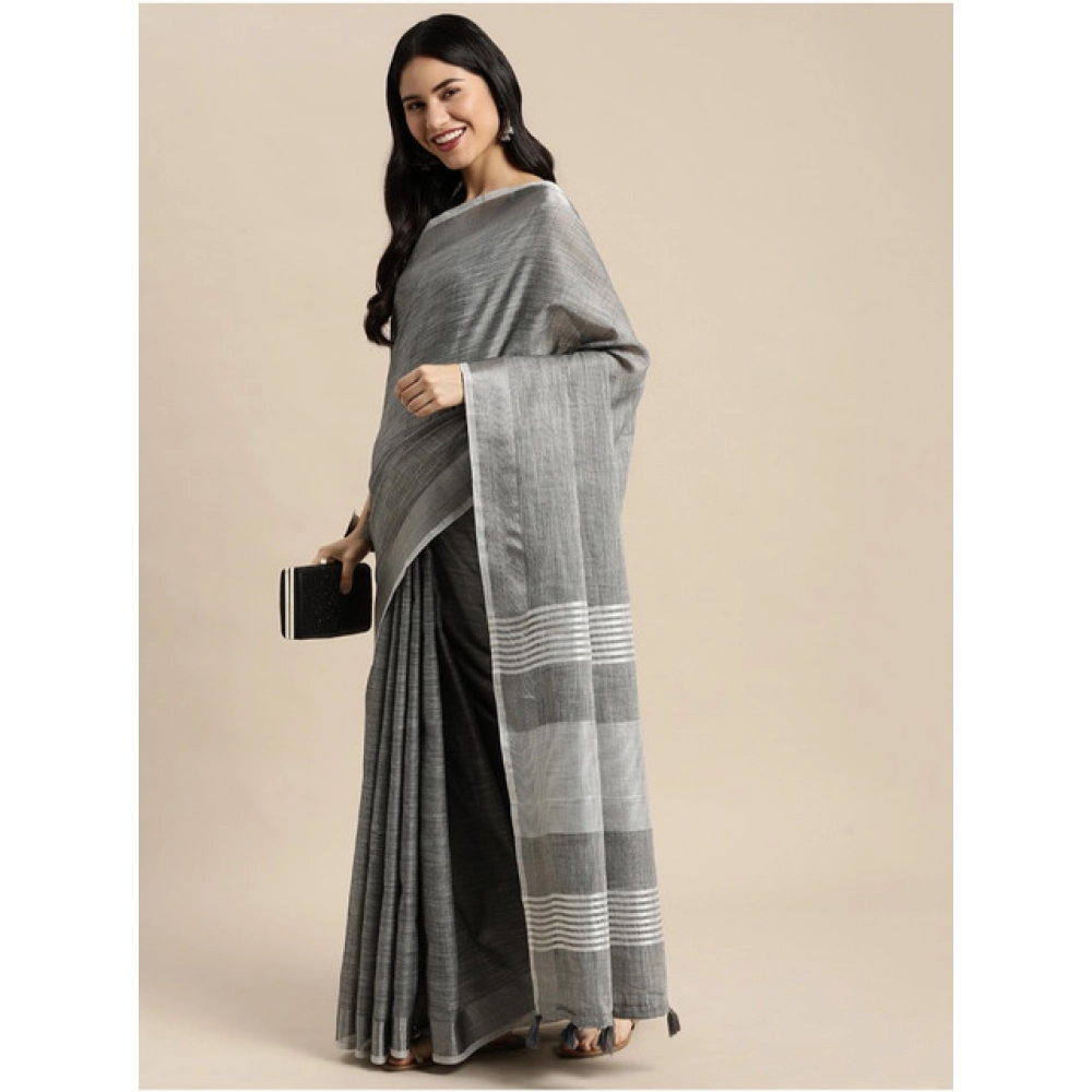 Women's Linen Cotton Printed Saree With Unstitched Blouse 5.5Mtr (Dark Grey) - Image 3