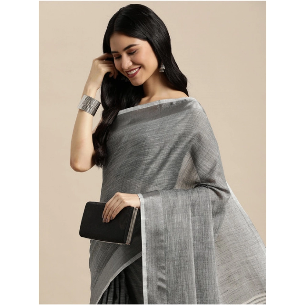 Women's Linen Cotton Printed Saree With Unstitched Blouse 5.5Mtr (Dark Grey) - Image 4