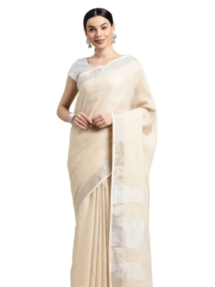 Women's Linen Cotton Printed Saree With Unstitched Blouse 5.5Mtr (Cream)