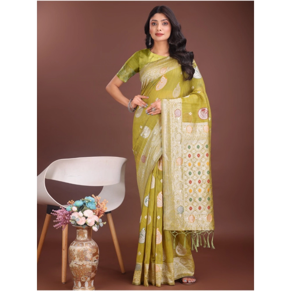 Women's Linen Cotton Printed Saree With Unstitched Blouse 5.5Mtr (Mustrad) - Image 4
