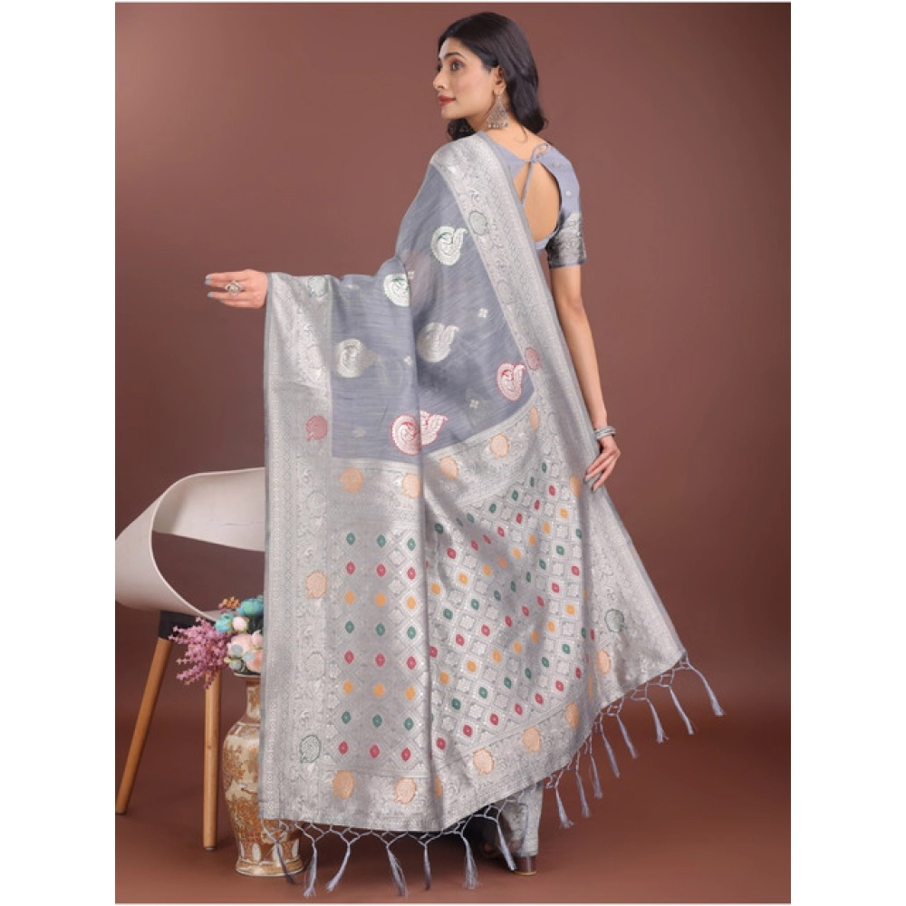 Women's Linen Cotton Printed Saree With Unstitched Blouse 5.5Mtr (Grey) - Image 2