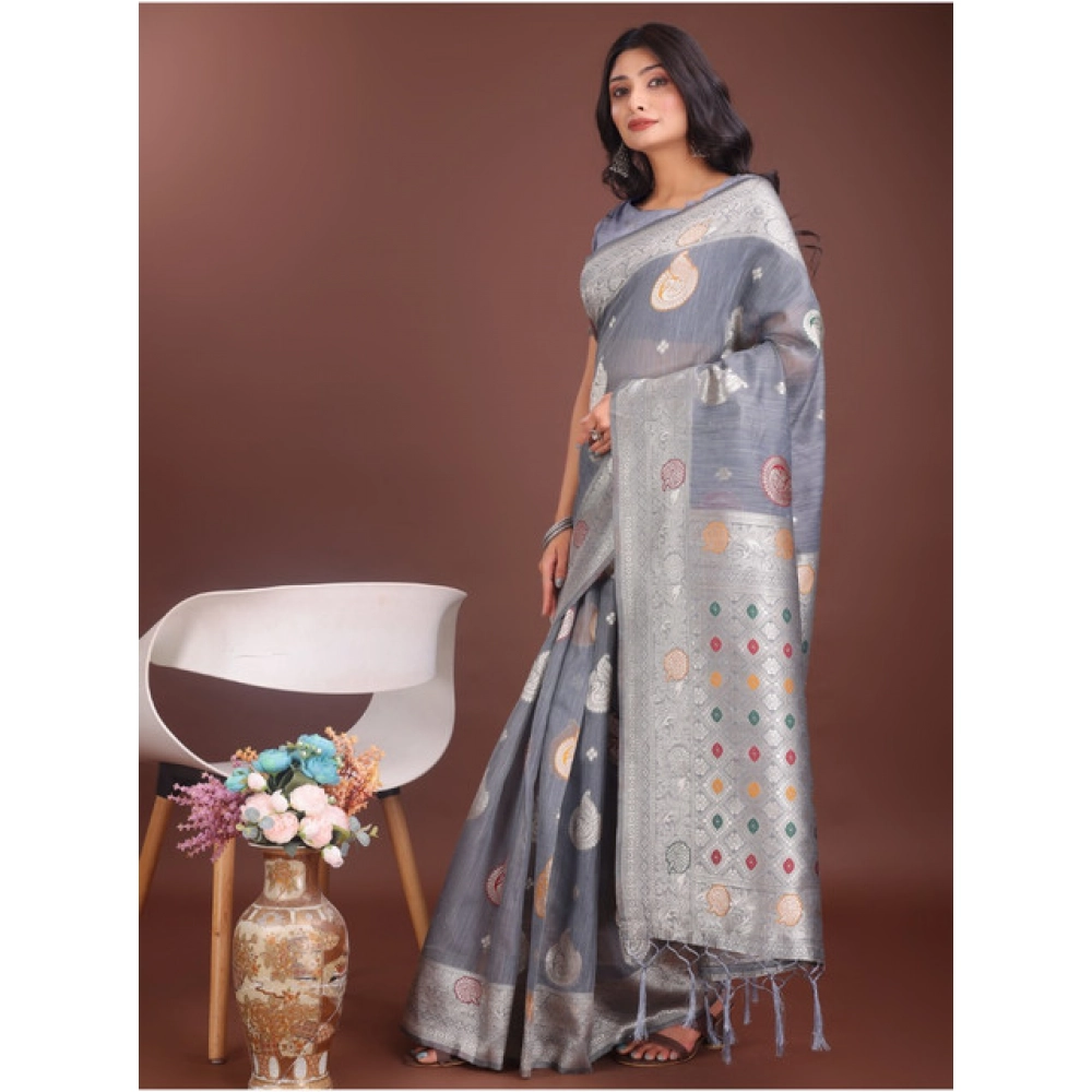 Women's Linen Cotton Printed Saree With Unstitched Blouse 5.5Mtr (Grey) - Image 4