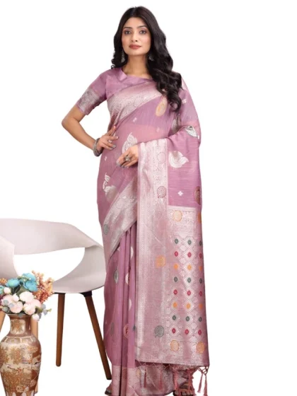 Women's Linen Cotton Printed Saree With Unstitched Blouse 5.5Mtr (Purple)