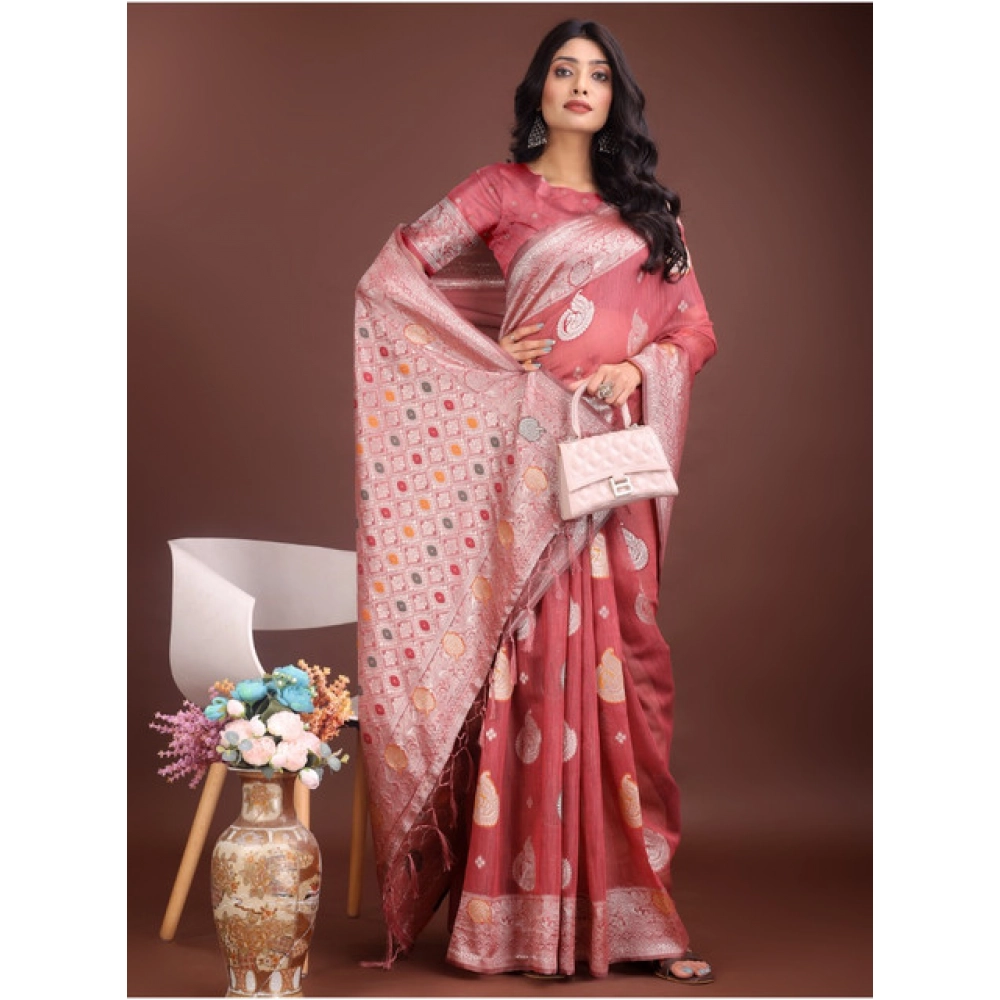 Women's Linen Cotton Printed Saree With Unstitched Blouse 5.5Mtr (Pink) - Image 3