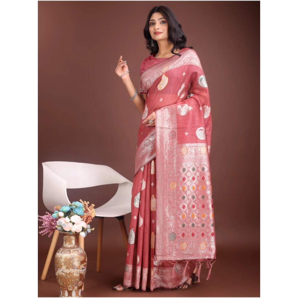 Women's Linen Cotton Printed Saree With Unstitched Blouse 5.5Mtr (Pink) - Image 4