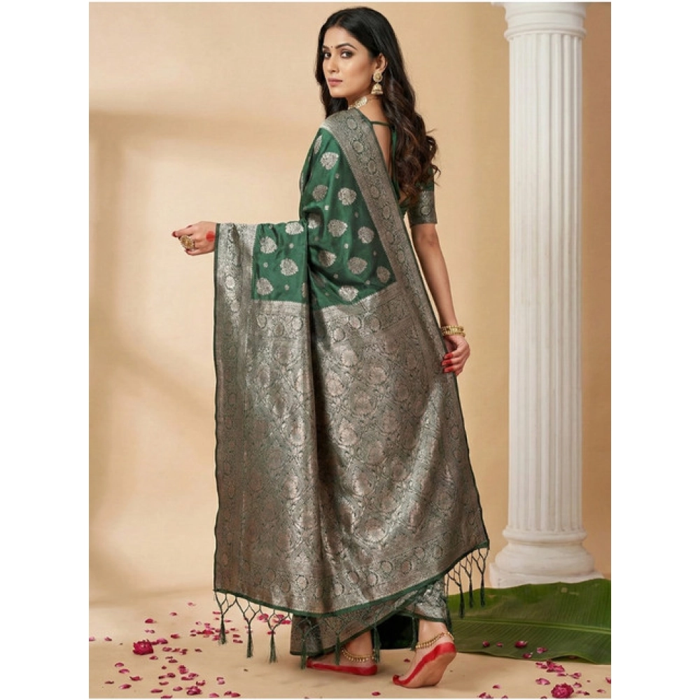 Women's Silk Blend Printed Saree With Unstitched Blouse 5.5Mtr (Dark Green) - Image 2
