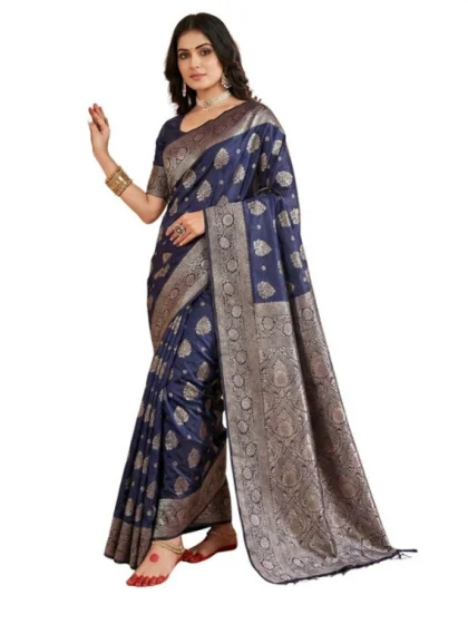 Women's Silk Blend Printed Saree With Unstitched Blouse 5.5Mtr (Navy Blue)