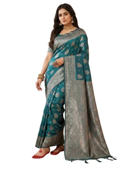 Women's Silk Blend Printed Saree With Unstitched Blouse 5.5Mtr (Sea Green)