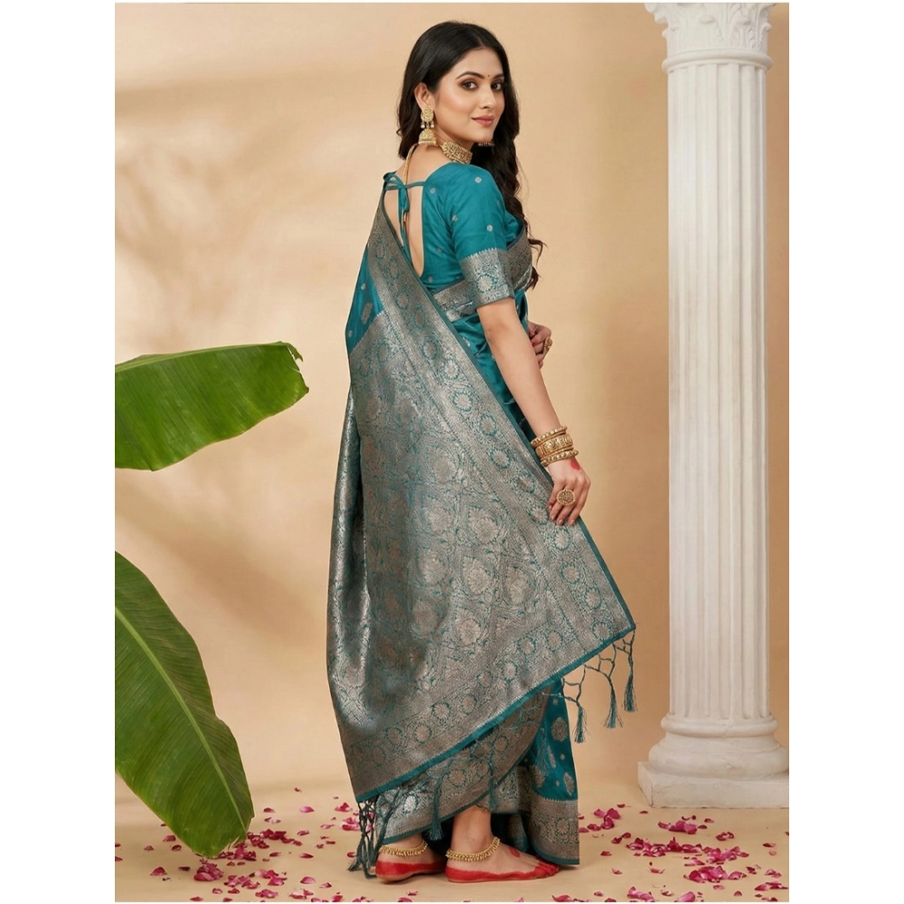 Women's Silk Blend Printed Saree With Unstitched Blouse 5.5Mtr (Sea Green) - Image 2