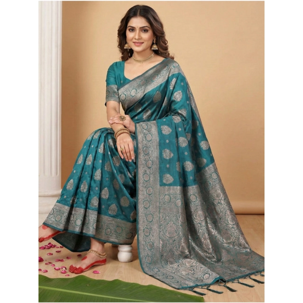 Women's Silk Blend Printed Saree With Unstitched Blouse 5.5Mtr (Sea Green) - Image 3