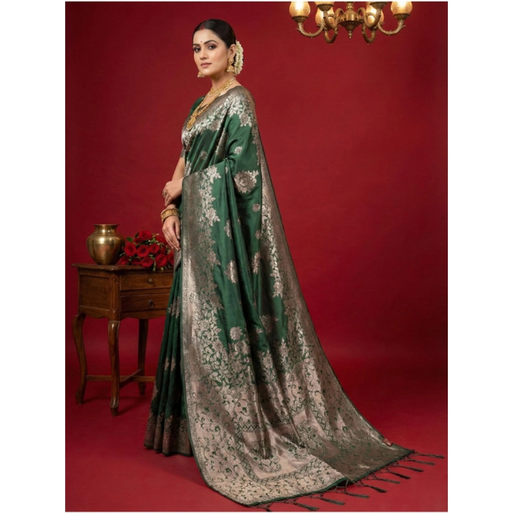 Women's Silk Blend Printed Saree With Unstitched Blouse 5.5Mtr (Dark Green) - Image 2