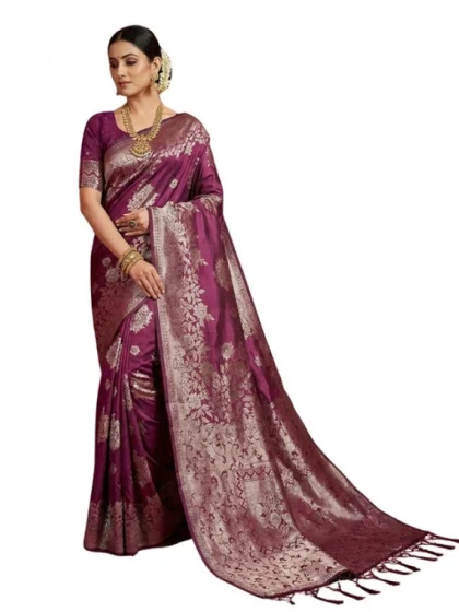 Women's Silk Blend Printed Saree With Unstitched Blouse 5.5Mtr (Purple)