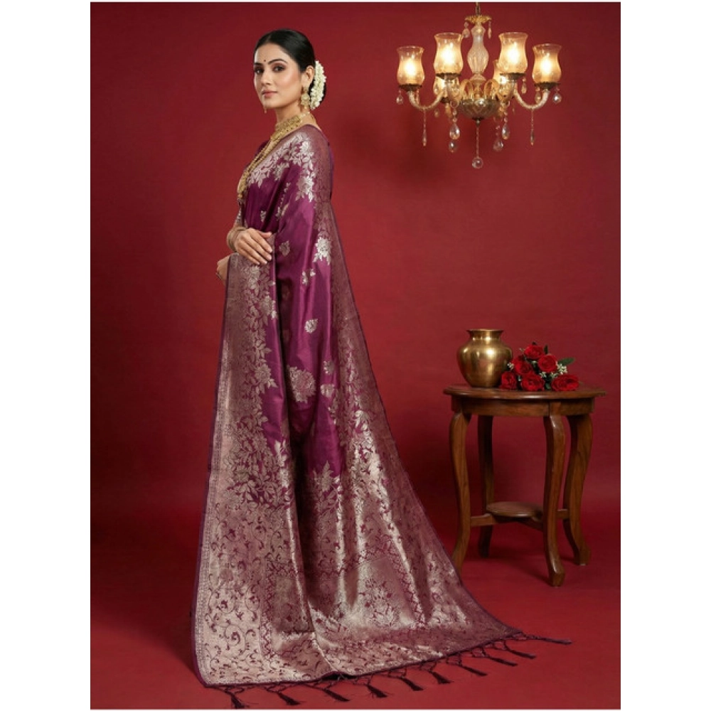Women's Silk Blend Printed Saree With Unstitched Blouse 5.5Mtr (Purple) - Image 3