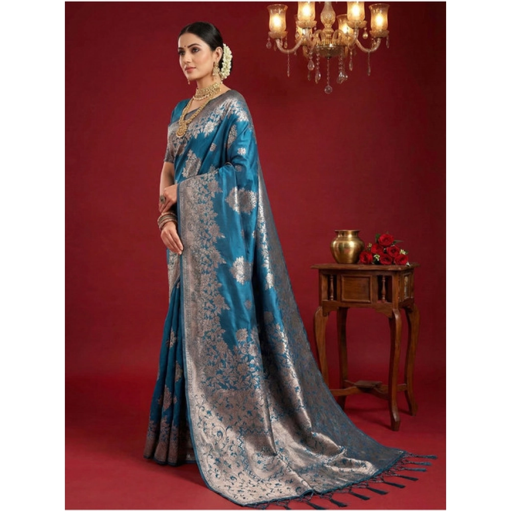 Women's Silk Blend Printed Saree With Unstitched Blouse 5.5Mtr (Teal Blue) - Image 2