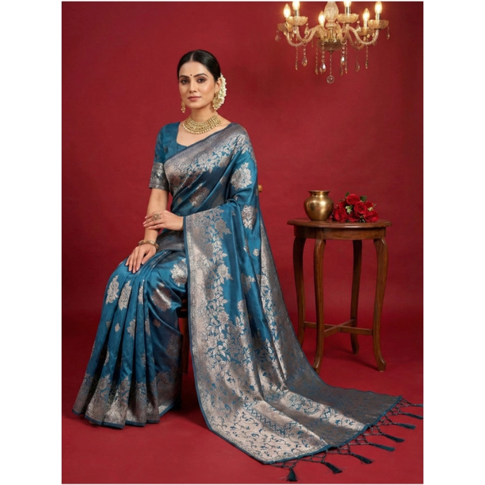 Women's Silk Blend Printed Saree With Unstitched Blouse 5.5Mtr (Teal Blue) - Image 3