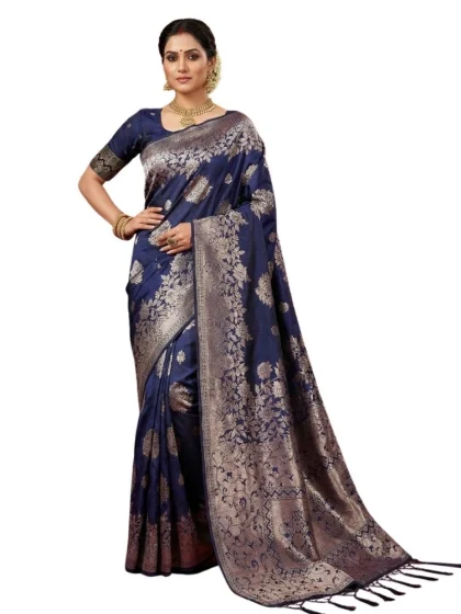 Women's Silk Blend Printed Saree With Unstitched Blouse 5.5Mtr (Navy Blue)