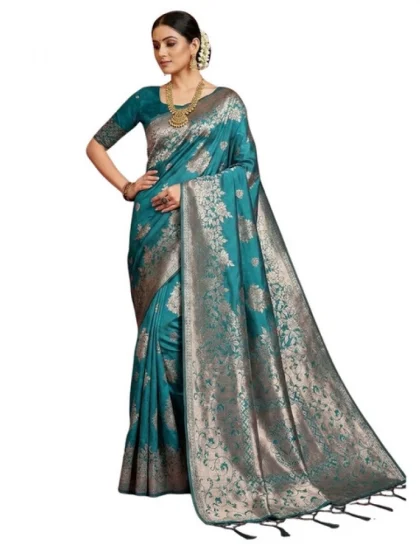 Women's Silk Blend Printed Saree With Unstitched Blouse 5.5Mtr (Sea Green)