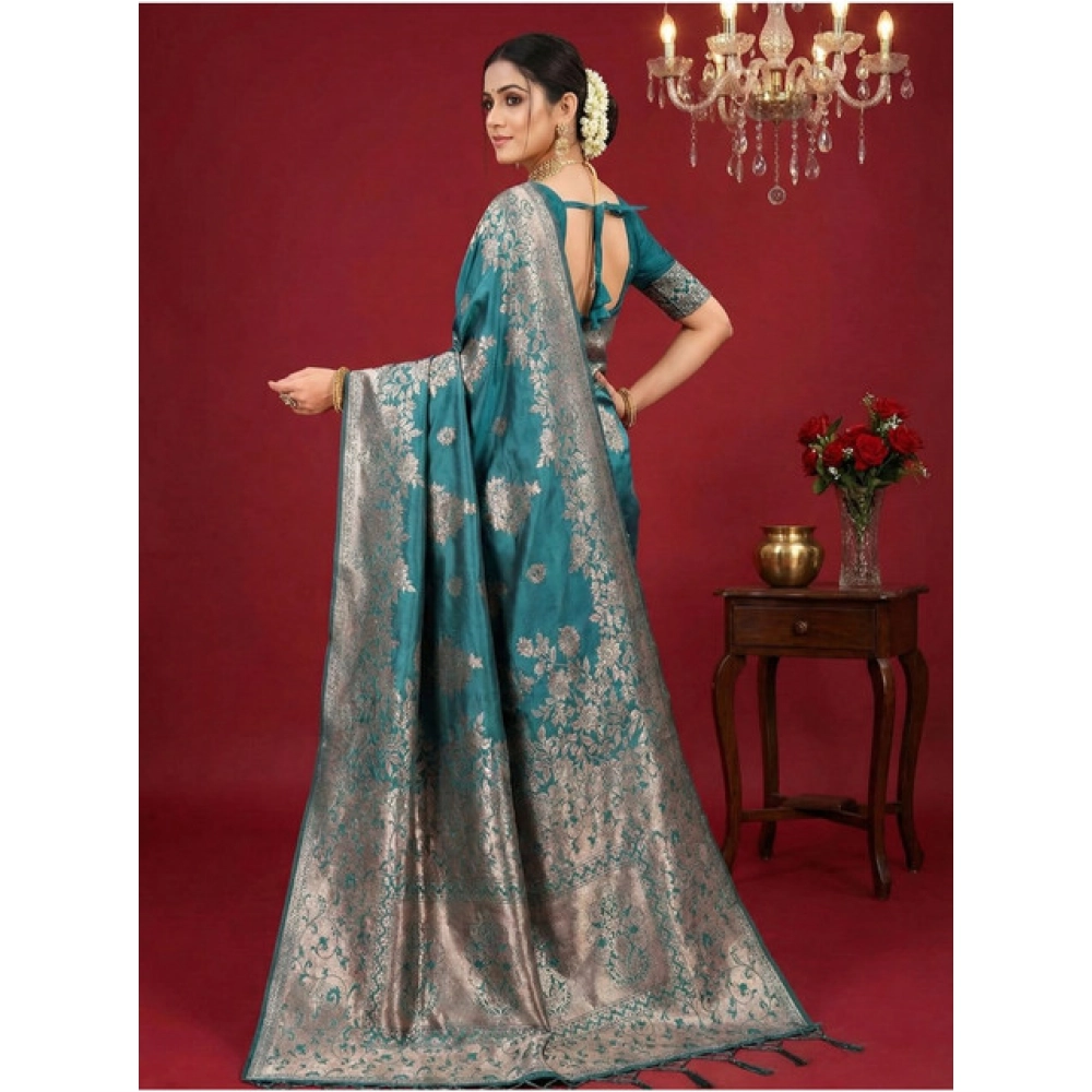 Women's Silk Blend Printed Saree With Unstitched Blouse 5.5Mtr (Sea Green) - Image 2