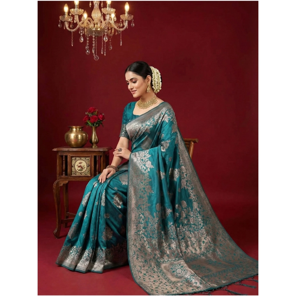 Women's Silk Blend Printed Saree With Unstitched Blouse 5.5Mtr (Sea Green) - Image 3