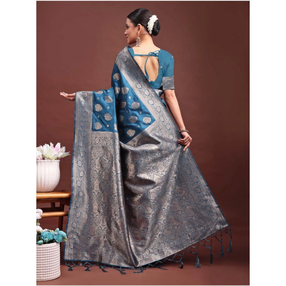 Women's Banarasi Silk Printed Saree With Unstitched Blouse 5.5Mtr (Teal Blue) - Image 2