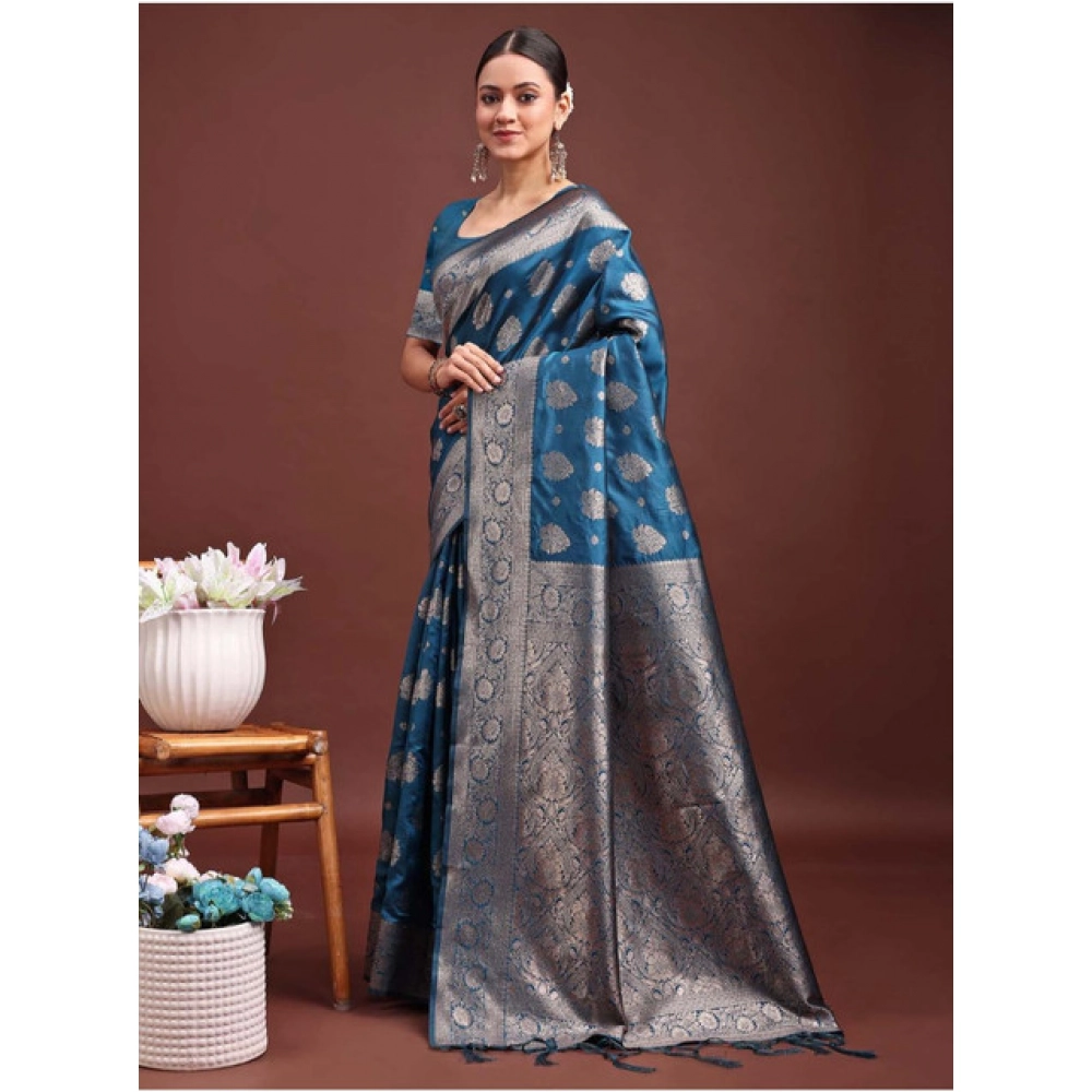 Women's Banarasi Silk Printed Saree With Unstitched Blouse 5.5Mtr (Teal Blue) - Image 4