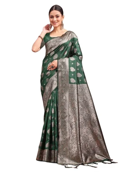 Women's Banarasi Silk Printed Saree With Unstitched Blouse 5.5Mtr (Dark Green)