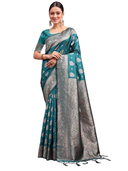 Women's Banarasi Silk Printed Saree With Unstitched Blouse 5.5Mtr (Sea Green)
