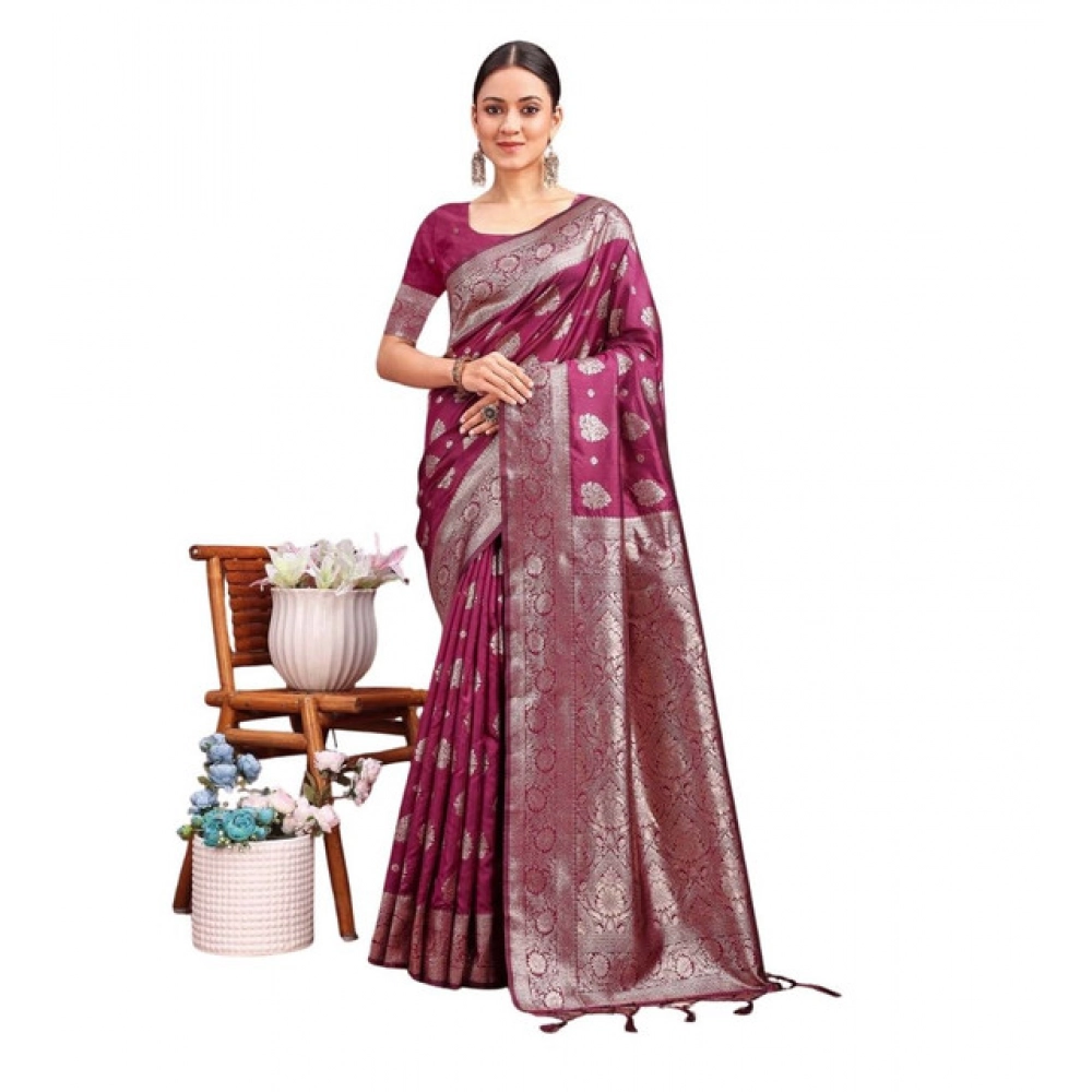 Women's Banarasi Silk Printed Saree With Unstitched Blouse 5.5Mtr (Purple)