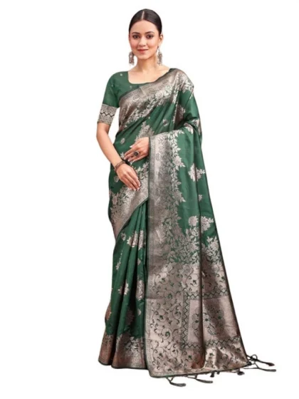 Women's Banarasi Silk Printed Saree With Unstitched Blouse 5.5Mtr (Dark Green)