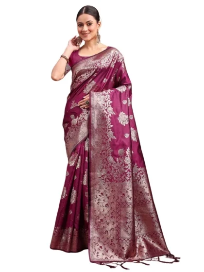 Women's Banarasi Silk Printed Saree With Unstitched Blouse 5.5Mtr (Purple)