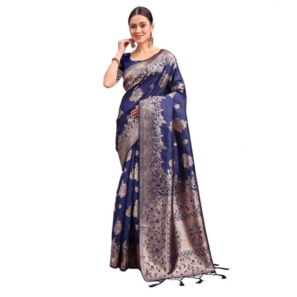 Women's Banarasi Silk Printed Saree With Unstitched Blouse 5.5Mtr (Navy Blue)