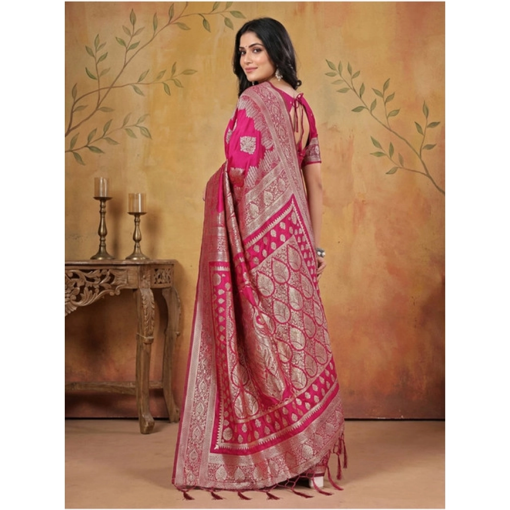 Women's Silk Blend Printed Saree With Unstitched Blouse 5.5Mtr (Magenta) - Image 2