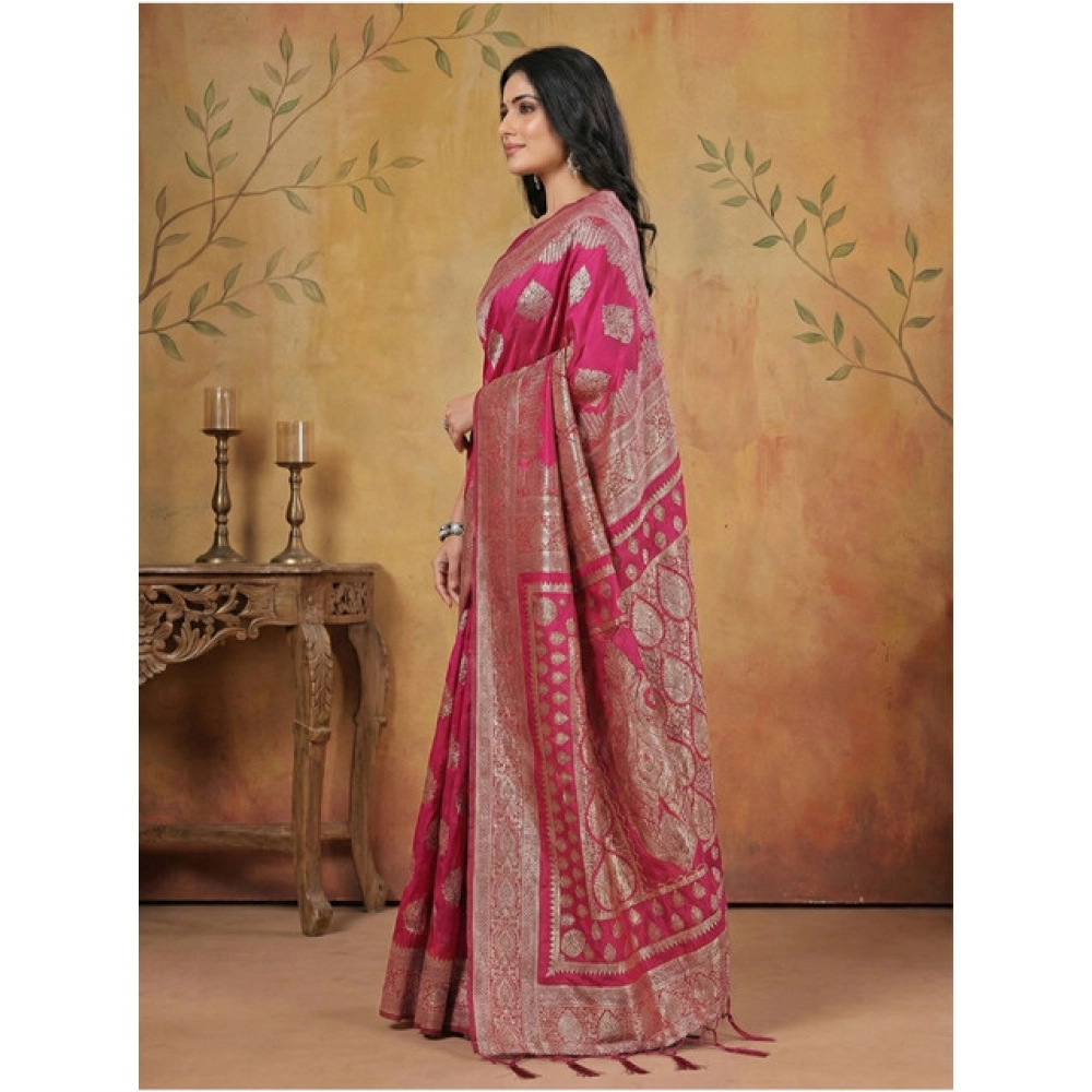 Women's Silk Blend Printed Saree With Unstitched Blouse 5.5Mtr (Magenta) - Image 3