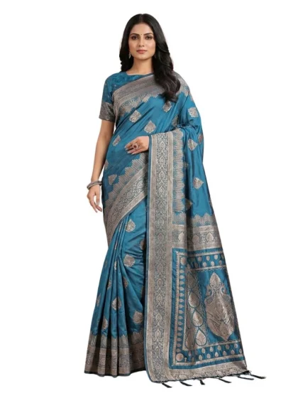 Women's Silk Blend Printed Saree With Unstitched Blouse 5.5Mtr (Teal)