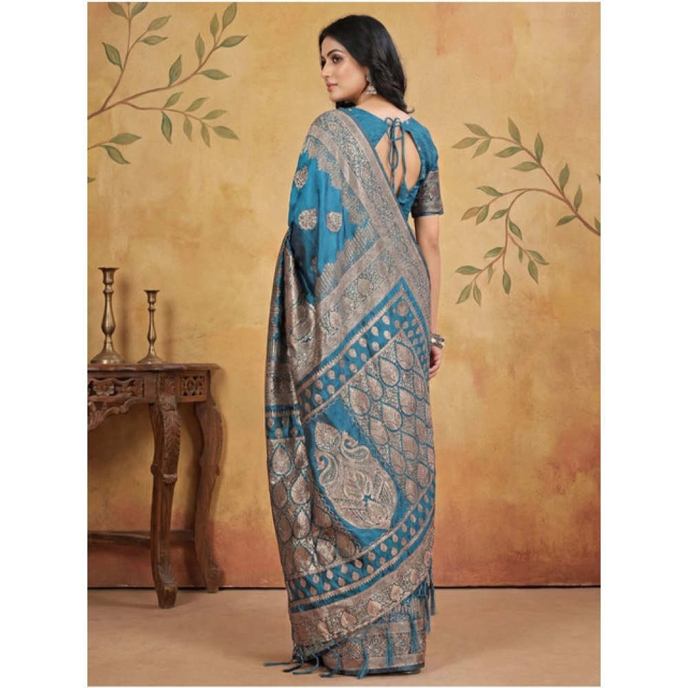 Women's Silk Blend Printed Saree With Unstitched Blouse 5.5Mtr (Teal) - Image 2