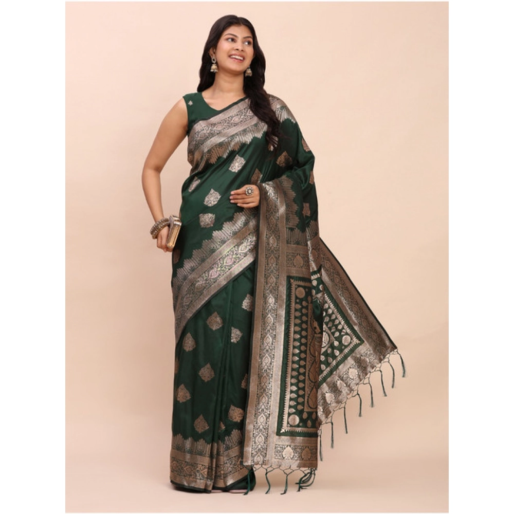 Women's Banarasi Silk Printed Saree With Unstitched Blouse 5.5Mtr (Green) - Image 4