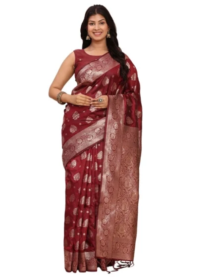 Women's Banarasi Silk Printed Saree With Unstitched Blouse 5.5Mtr (Maroon)