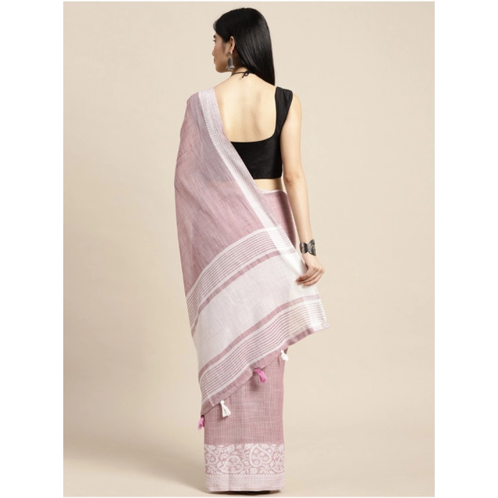 Women's Linen Printed Saree With Unstitched Blouse 5.5Mtr (Purple) - Image 2