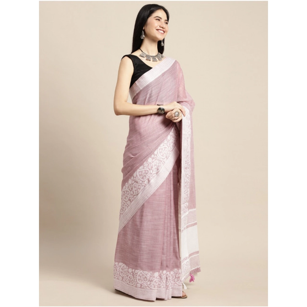 Women's Linen Printed Saree With Unstitched Blouse 5.5Mtr (Purple) - Image 3