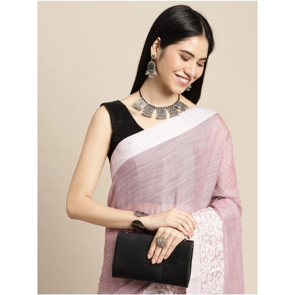 Women's Linen Printed Saree With Unstitched Blouse 5.5Mtr (Purple) - Image 4