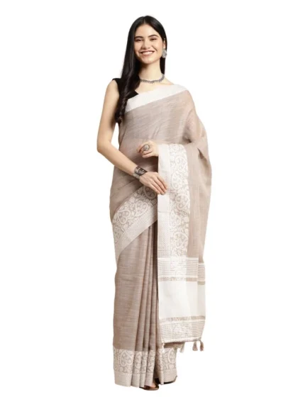 Women's Linen Printed Saree With Unstitched Blouse 5.5Mtr (Beige)