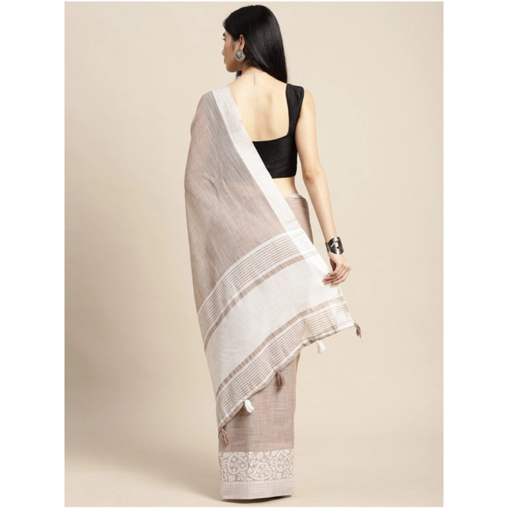 Women's Linen Printed Saree With Unstitched Blouse 5.5Mtr (Beige) - Image 2