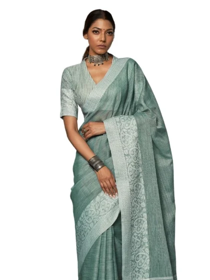Women's Linen Printed Saree With Unstitched Blouse 5.5Mtr (Sea Green)