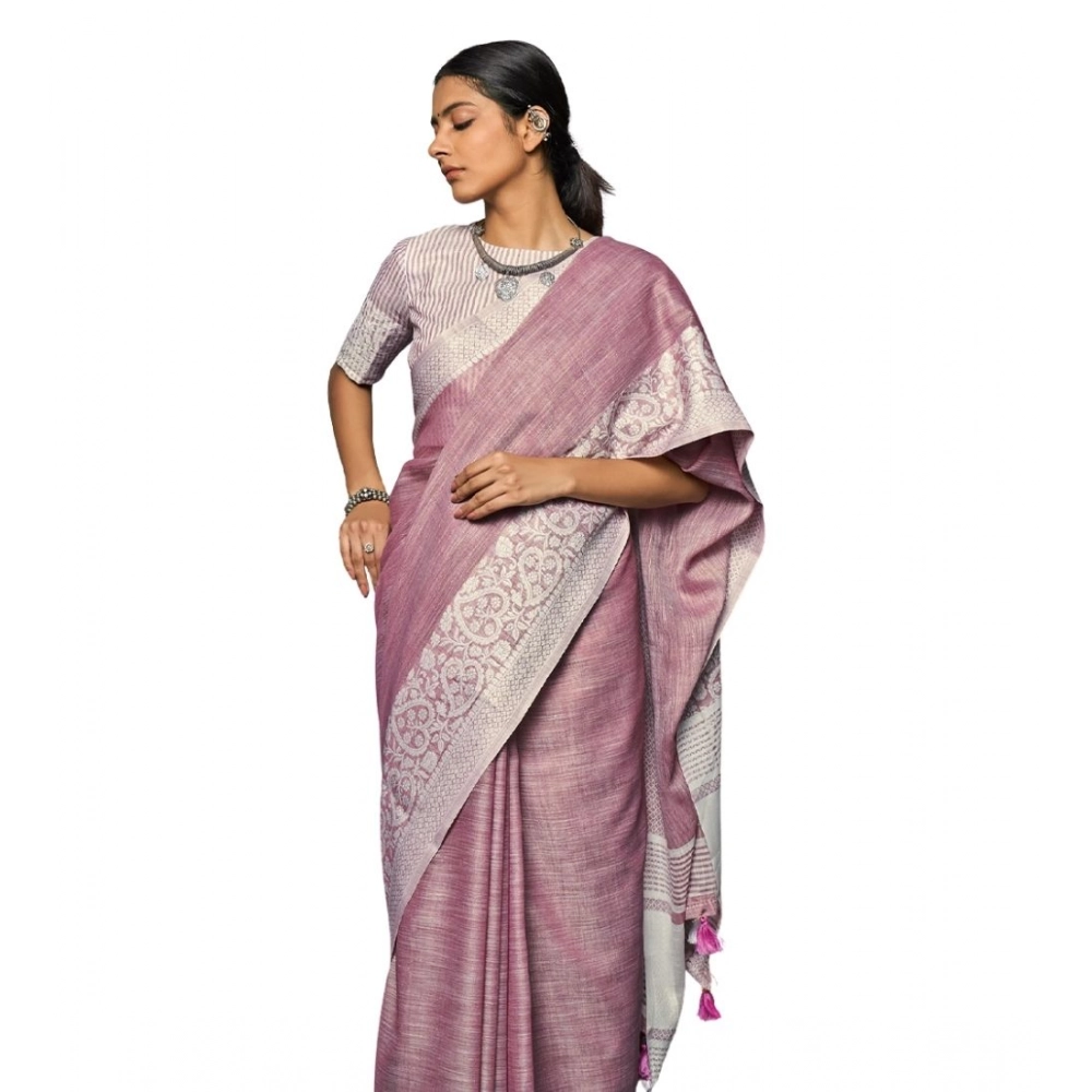 Women's Linen Printed Saree With Unstitched Blouse 5.5Mtr (Purple)