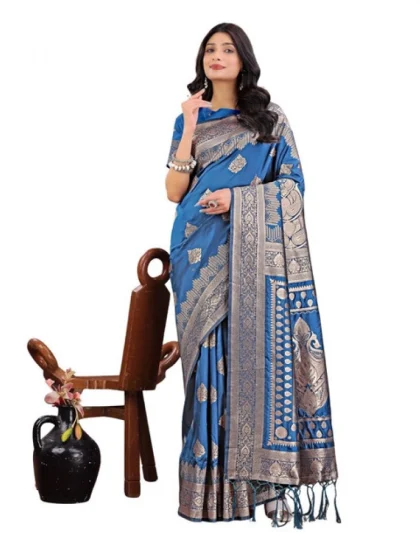 Women's Silk Printed Saree With Unstitched Blouse 5.5Mtr (Sky Blue)