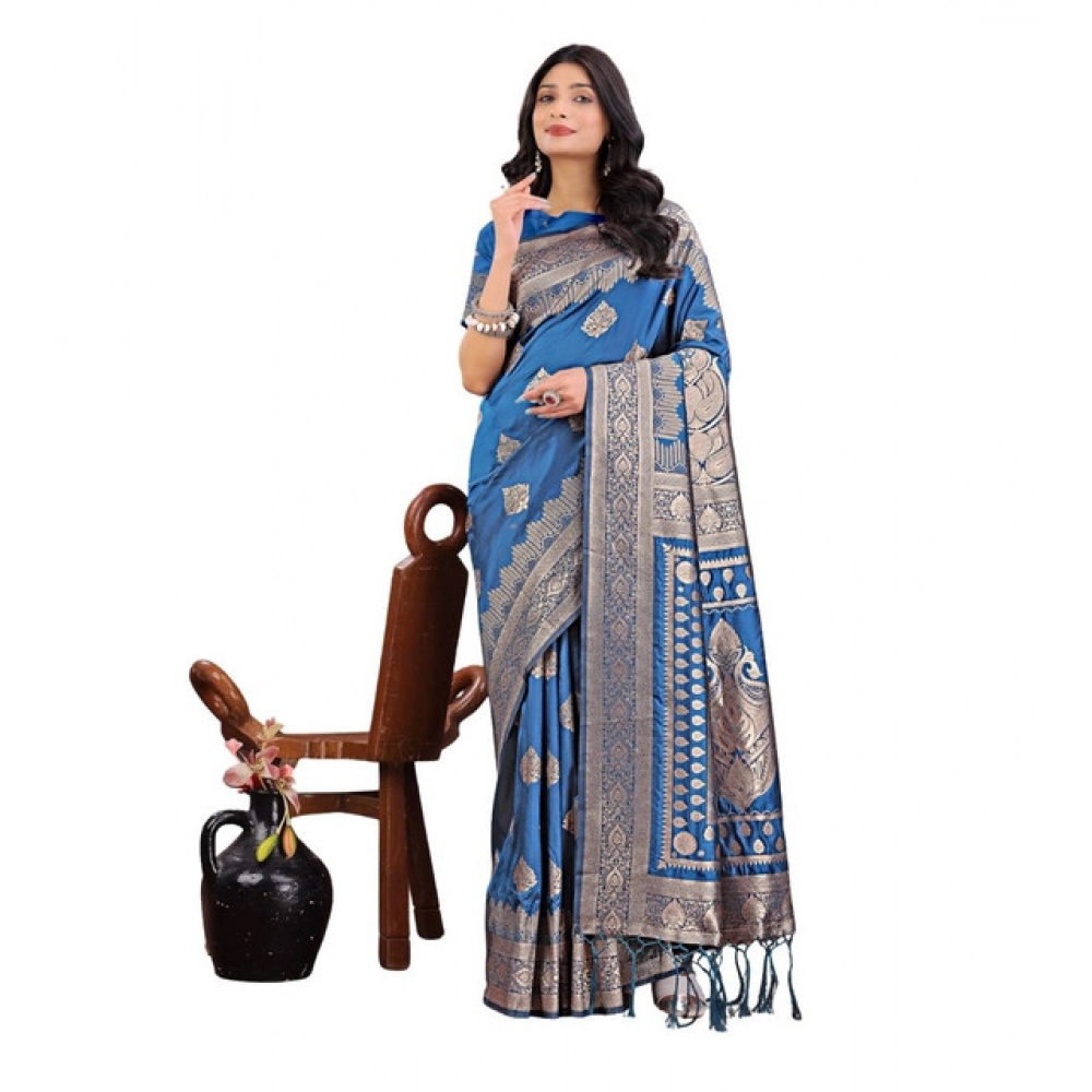 Women's Silk Printed Saree With Unstitched Blouse 5.5Mtr (Sky Blue)